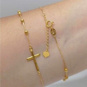 18 Real Solid Gold Dainty Crucifix Bracelet , AU750 Stamped
